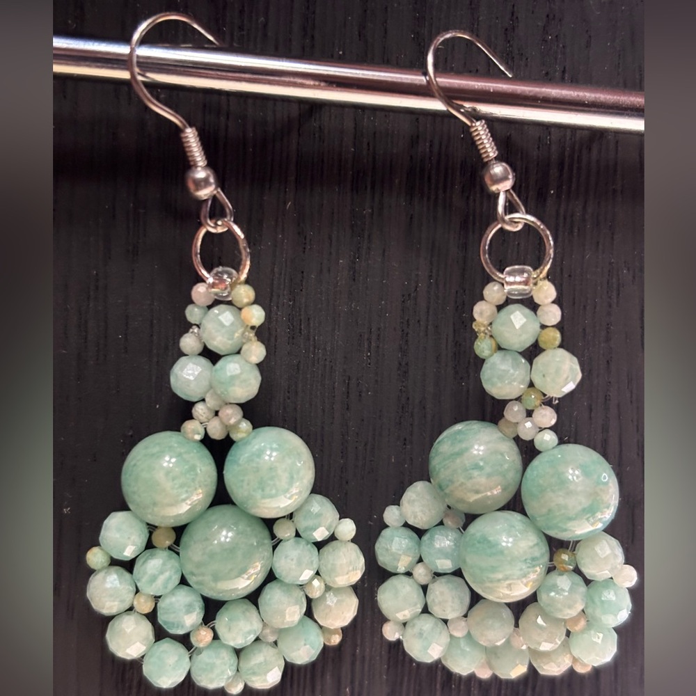 Hand crafted Genuine Blue Amazonite pierced earrings. 2 inches